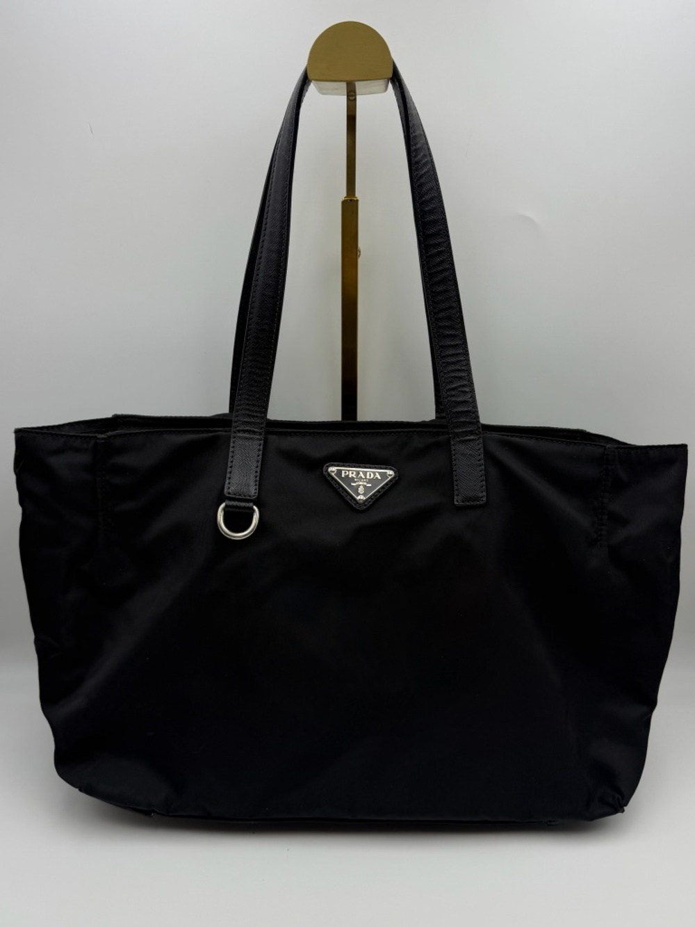 Prada Black Nylon Saffiano Leather Tote Shoulder Bag Triangle Logo Classic women